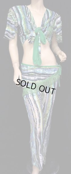 画像1: チョリ＆パンツ&ヒップスカーフセット☆スタイリッシュレースショートスリーブ☆グリーンマルチストライプローズ