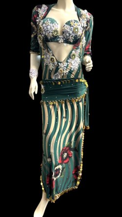 画像1: エジプト製プリントストレッチバラディドレス☆green stripe flower☆