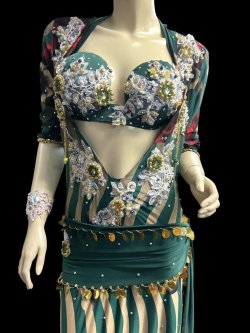 画像2: エジプト製プリントストレッチバラディドレス☆green stripe flower☆