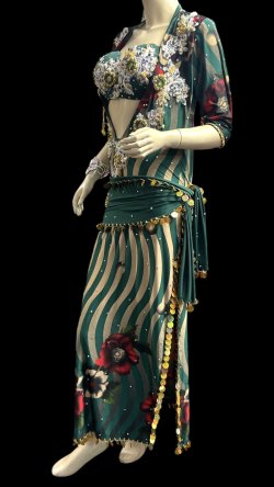 画像3: エジプト製プリントストレッチバラディドレス☆green stripe flower☆