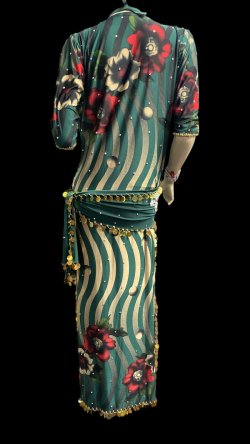 画像4: エジプト製プリントストレッチバラディドレス☆green stripe flower☆