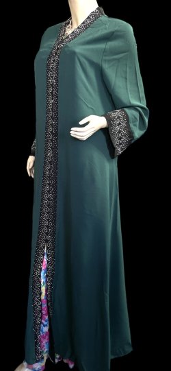 画像2: プリントポリエステルガラベーヤ☆green black rhinestone☆前開きタイプ☆フロントオープン