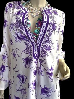 画像3: プリントポリエステルガラベーヤ☆white purple flower ☆前開きタイプ☆フロントオープン