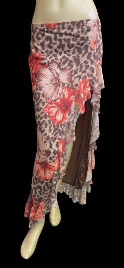 画像1: ストレッチフリルスリットスカート☆leopard red  flower☆