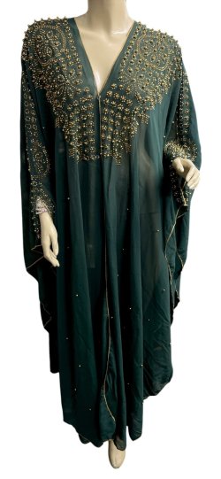 画像1: フーデットキラキラパールカバードレス☆ Green gold rhinestone ☆