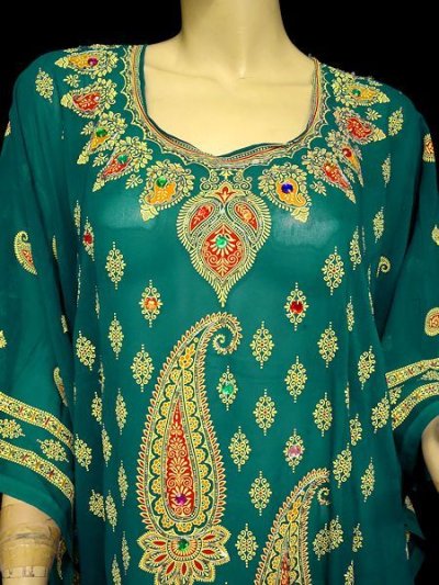 画像2: エジプト製カフタンハリジドレス☆ピーコックグリーン