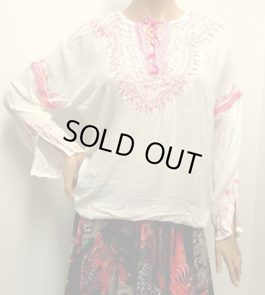 画像1: モロッコのバルーンチュニック☆ホワイト✕ピンク☆ (1)