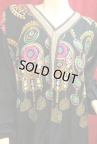 画像3: エジプトガラベーヤ☆ファティマの手☆ブラック☆前開きタイプ (3)