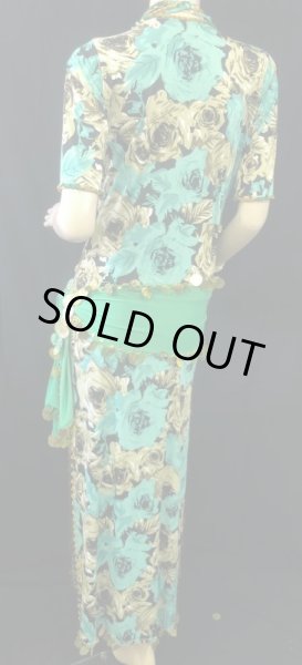 画像3: エジプト製プリントストレッチバラディドレス☆エメラルドグリーンフラワー☆ (3)