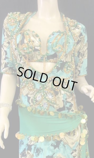 画像2: エジプト製プリントストレッチバラディドレス☆エメラルドグリーンフラワー☆ (2)