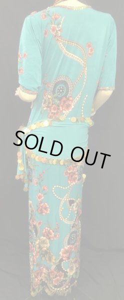 画像3: エジプト製プリントストレッチバラディドレス☆ターコイズグリーンフラワー☆ (3)