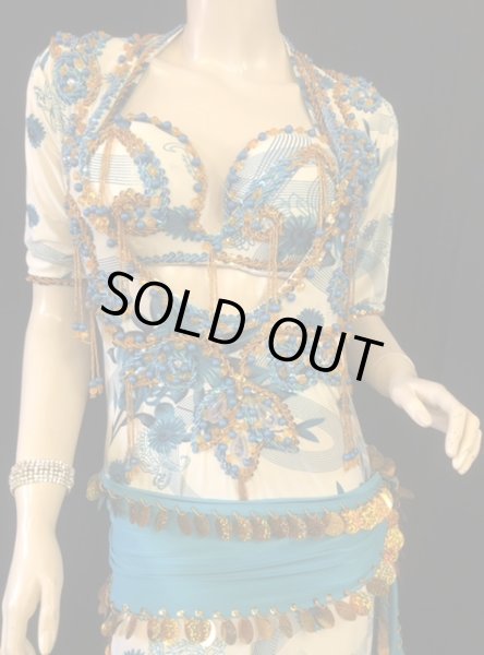 画像2: エジプト製プリントストレッチバラディドレス☆クリームターコイズ☆ (2)