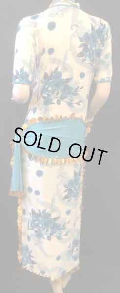 画像3: エジプト製プリントストレッチバラディドレス☆クリームターコイズ☆ (3)