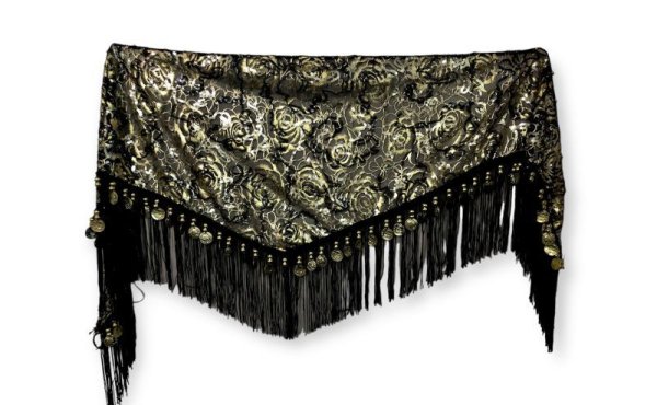 画像2: メッシュスパンコールブロダリーフリンジスカーフ☆ブラック&ゴルド☆ (2)