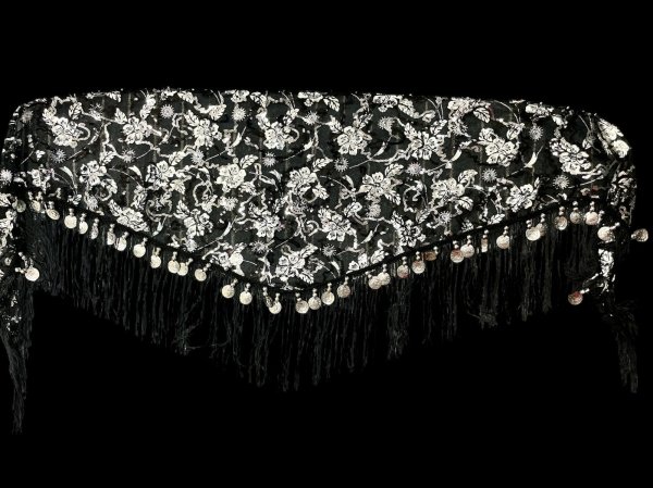 画像2: メッシュスパンコールブロダリーフリンジスカーフ☆ ブラック&ブラック&シルバー☆ (2)