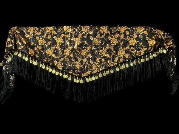 画像2: メッシュスパンコールブロダリーフリンジスカーフ☆ ブラック&オレンジ☆ (2)