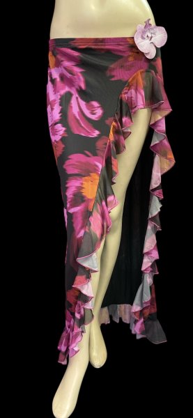 画像1: ストレッチフリルスリットスカート☆Black pink flower☆ (1)