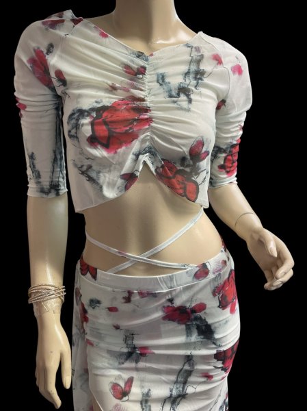 画像3: プリントメッシュチョリ＆スカートセット☆light blue red flower☆ (3)