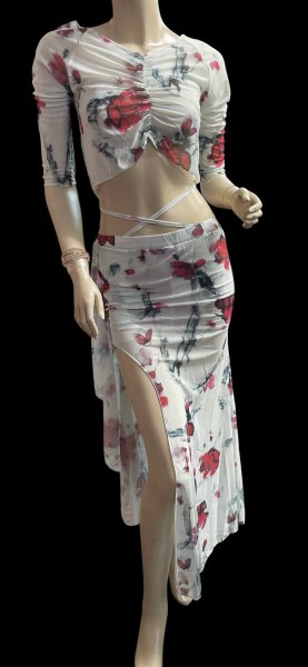 画像1: プリントメッシュチョリ＆スカートセット☆light blue red flower☆ (1)