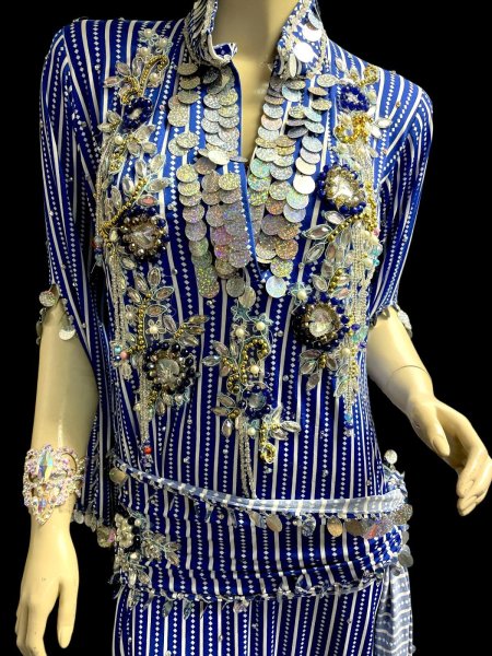 画像2: エジプト製ゴージャスストライプサイーディ/ バラディドレス☆white X royal blue ☆ (2)