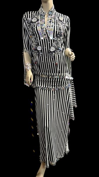 画像1: エジプト製ゴージャスストライプサイーディ/ バラディドレス☆white X Black ☆ (1)