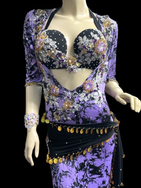 画像2: エジプト製プリントストレッチバラディドレス☆ black purple tie dye color☆ (2)