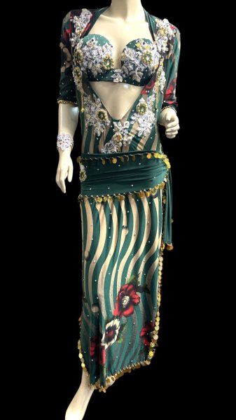 画像1: エジプト製プリントストレッチバラディドレス☆green stripe flower☆ (1)