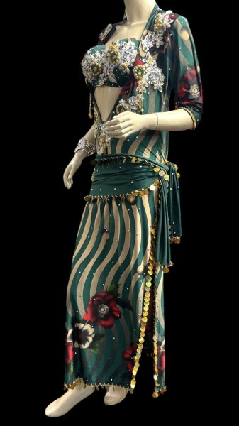 画像3: エジプト製プリントストレッチバラディドレス☆green stripe flower☆ (3)