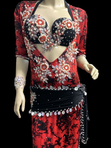 画像2: エジプト製プリントストレッチバラディドレス☆ black red  tie dye color☆ (2)