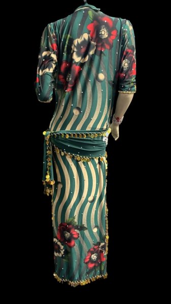 画像4: エジプト製プリントストレッチバラディドレス☆green stripe flower☆ (4)