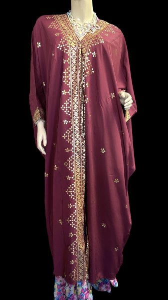 画像1: プリントポリエステルガラベーヤ☆burgundy gold print ☆前開きタイプ☆フロントオープン (1)