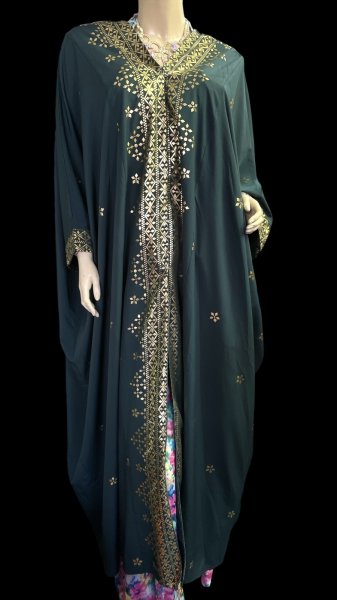 画像1: プリントポリエステルガラベーヤ☆green gold print ☆前開きタイプ☆フロントオープン (1)