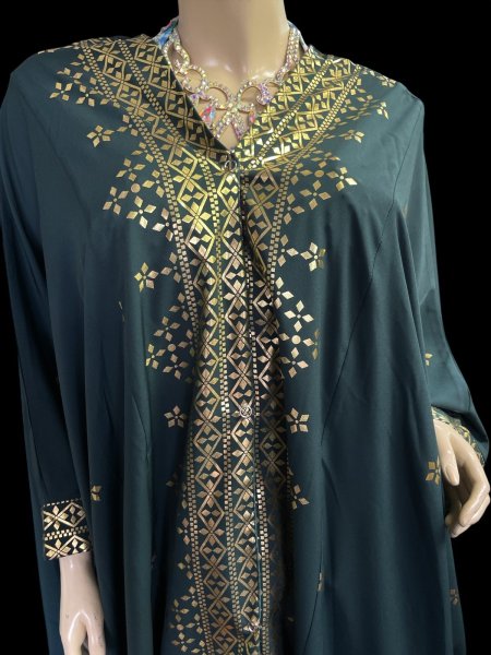 画像2: プリントポリエステルガラベーヤ☆green gold print ☆前開きタイプ☆フロントオープン (2)