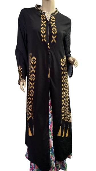 画像1: プリントポリエステルガラベーヤ☆black☆前開きタイプ☆フロントオープン (1)